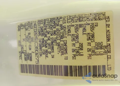 2001 Nissan Frontier Xe-V6 z USA, uszkodzony, nr VIN 1N6ED26Y61C393275